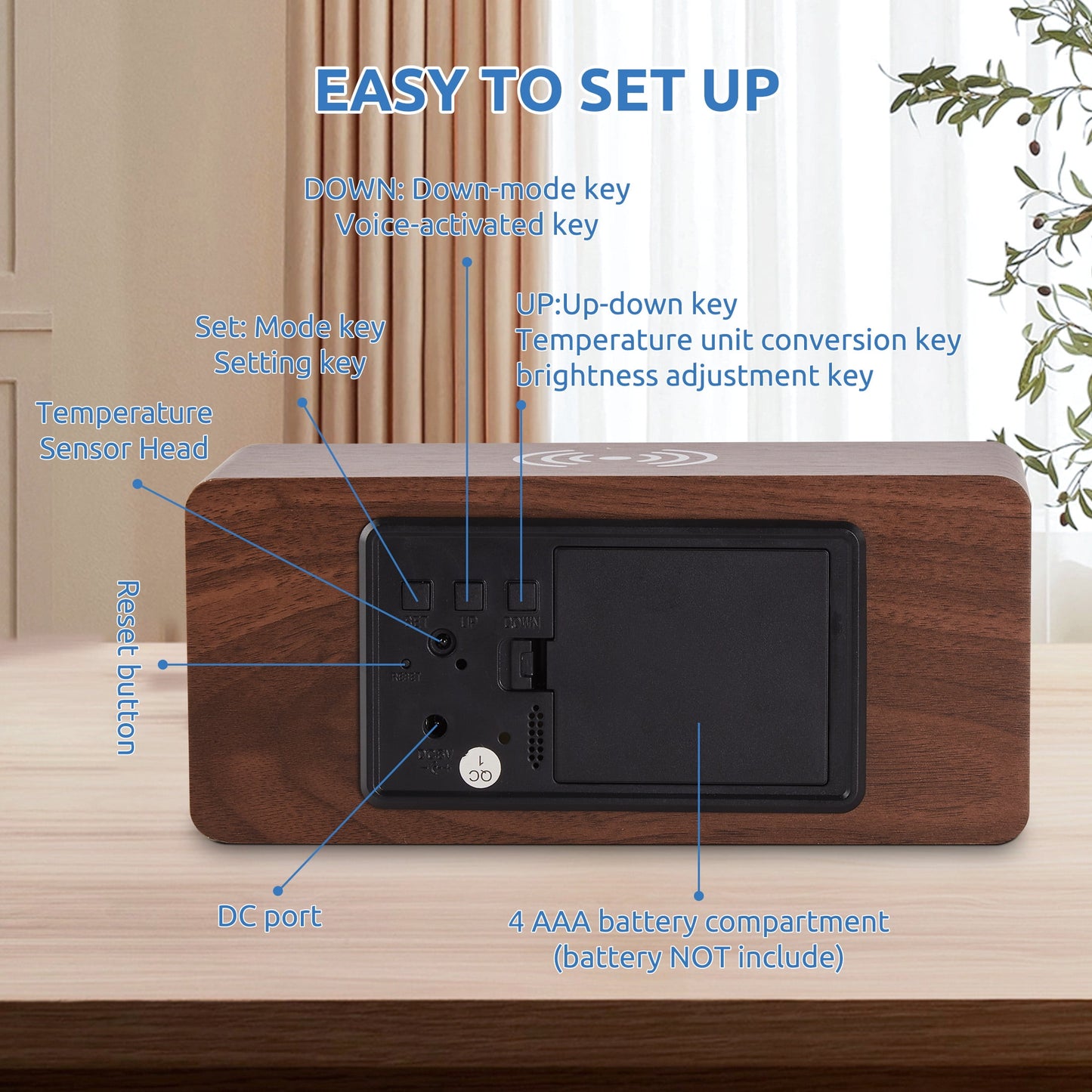 Onekawa Wooden Digital Alarm Clock with Wireless Charging Stylish LED Display for Bedrooms Adjustable Brightness and Voice Control Alarm Clock Perfect for Desks-Brown
