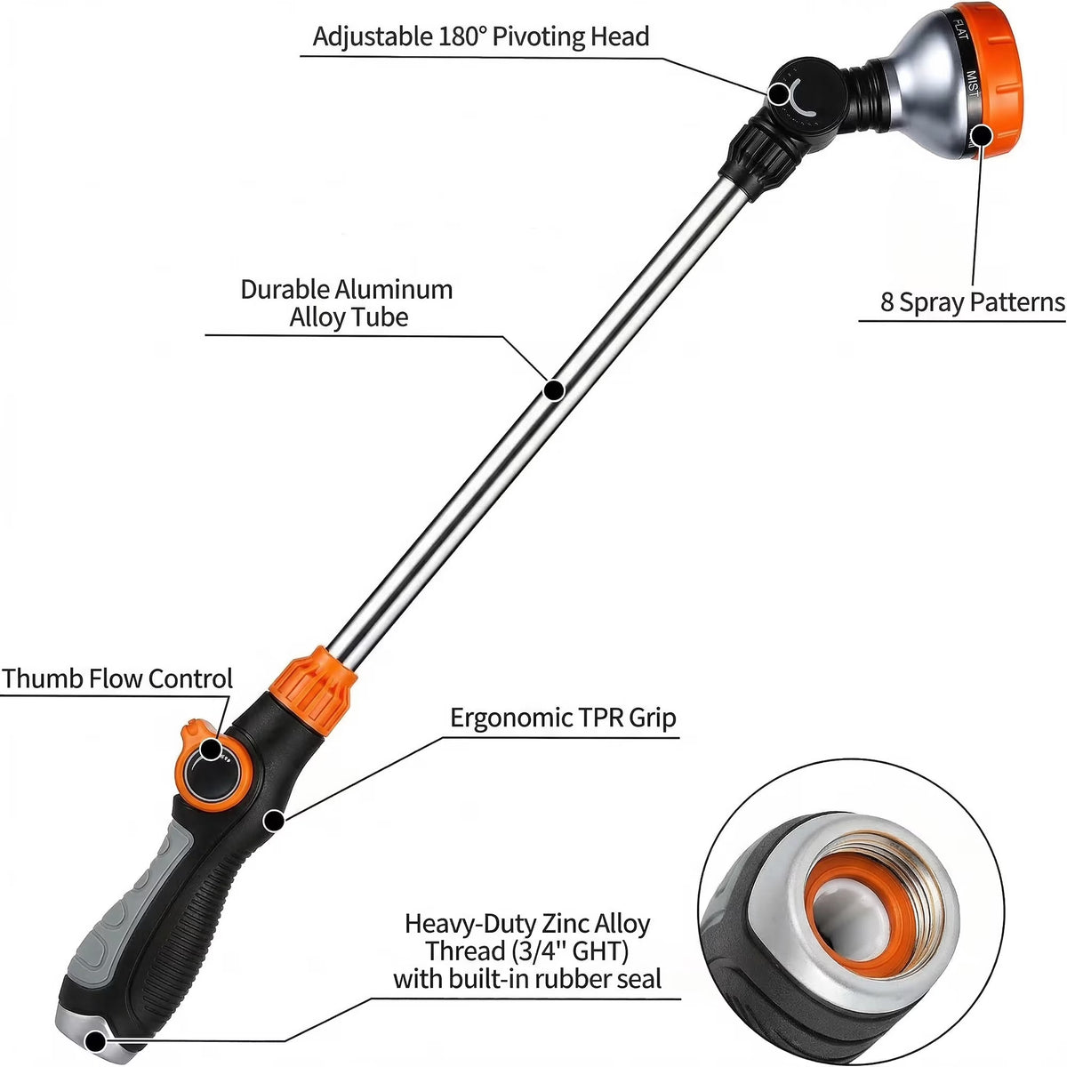 DONAMA Watering Wand - 8 Spray Patterns with Thumb Flow Control - 18.5 in