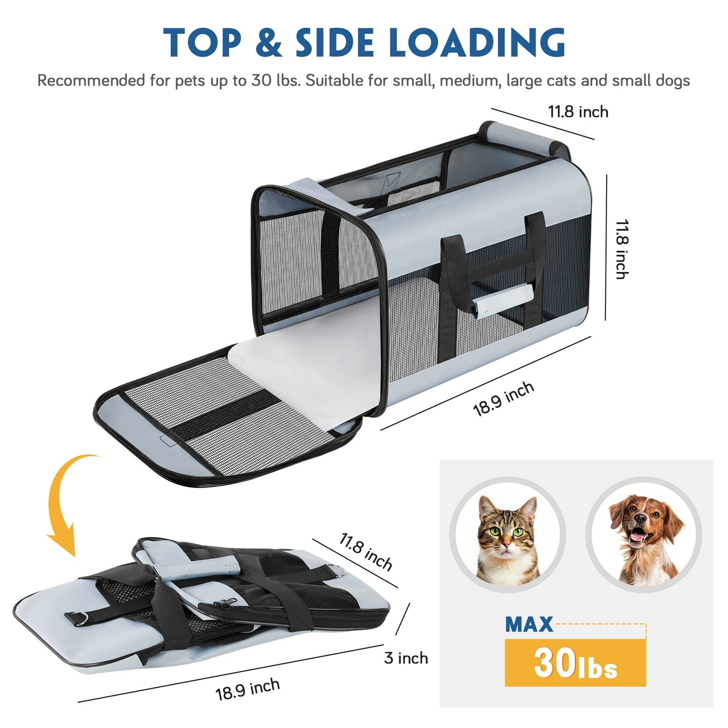 MOONORAH Cat Carrier, Pet Travel Carrier Airline Approved Soft Bag for Cats Dogs Small Pets, Collapsible Portable Soft Sided Pet Carrier for Small Pets up to 30 Lbs, 18.9x 11.8x11.8inch, Grey
