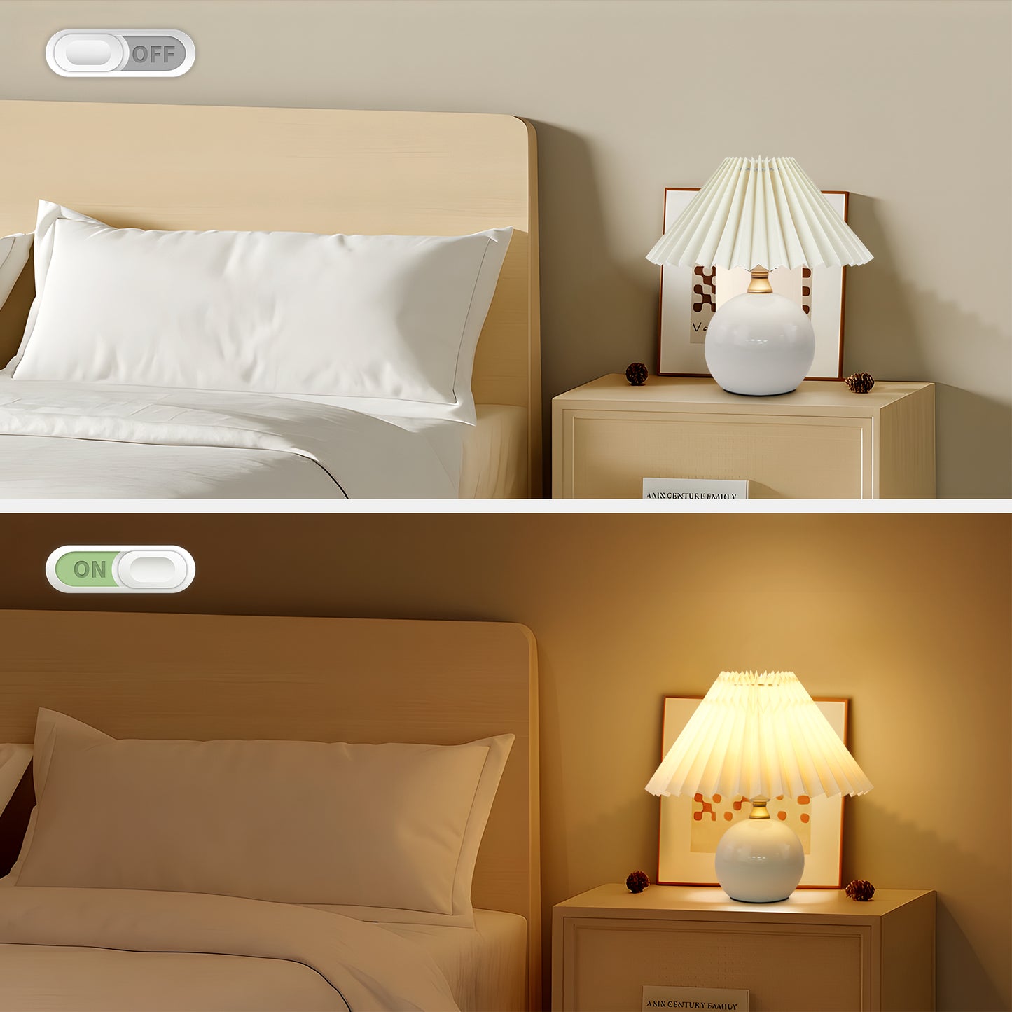 LOFTER-PRO Modern Ceramic Table Lamp for Living Room, Desk Lamps for Bedroom Pleated Fabric Bedside Nightstand Bedside Lamp Table Lamps, Beige