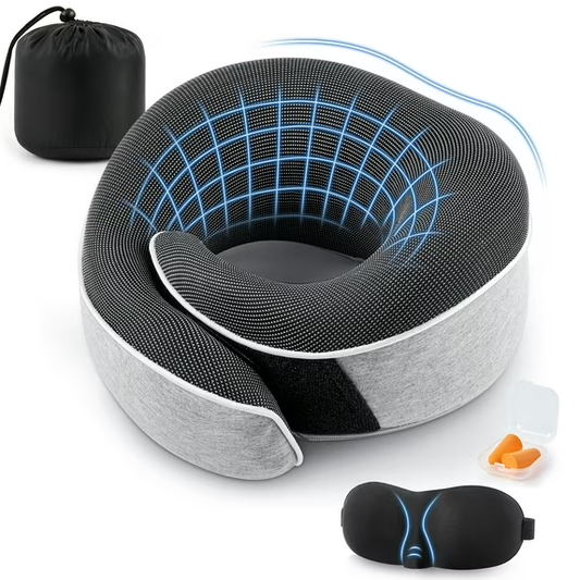 MOONORAH Neck Pillows for Airplanes,100% Pure Memory Foam Travel Neck Pillow,360° Head Support with 3D Contoured Eye Masks, Earplugs, and Luxury Bag,Grey