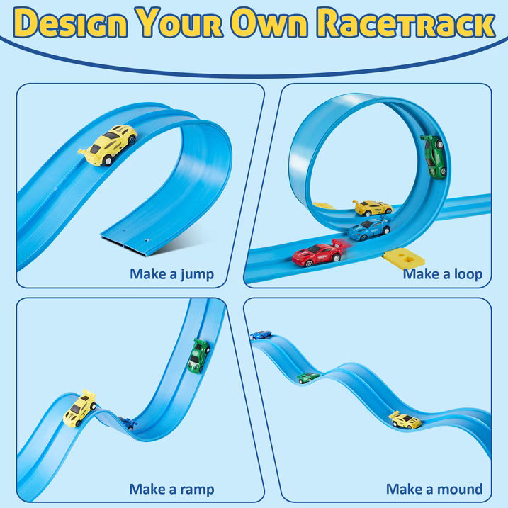 Kaipara Race Track Toy - Flexible Track with 4 Pull-Back Cars - Blue