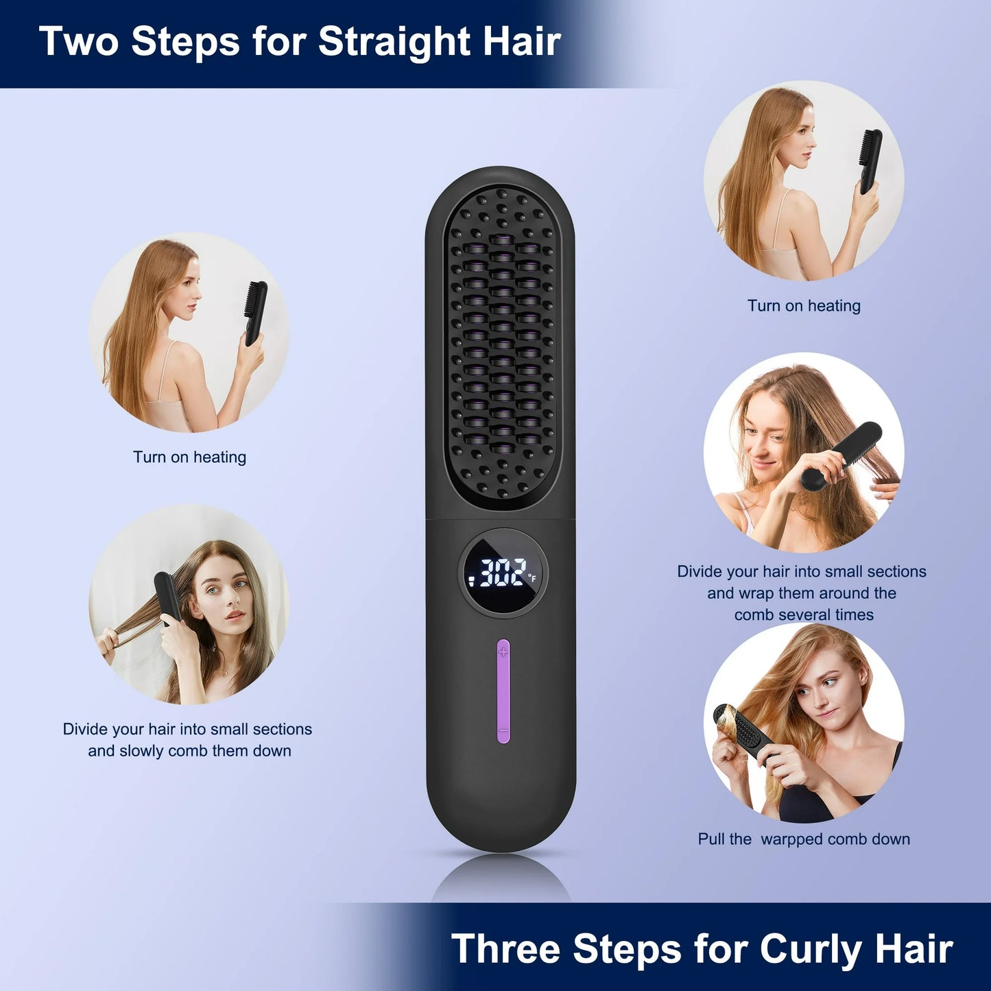 MOONORAH Cordless Hair Straightener Brush with Anion for Women, Electric Portable Ceramic Hot Straightening Comb for Travel with LCD Display & Hair Clips, Fast USB Rechargeable, Anti-Scald, Black