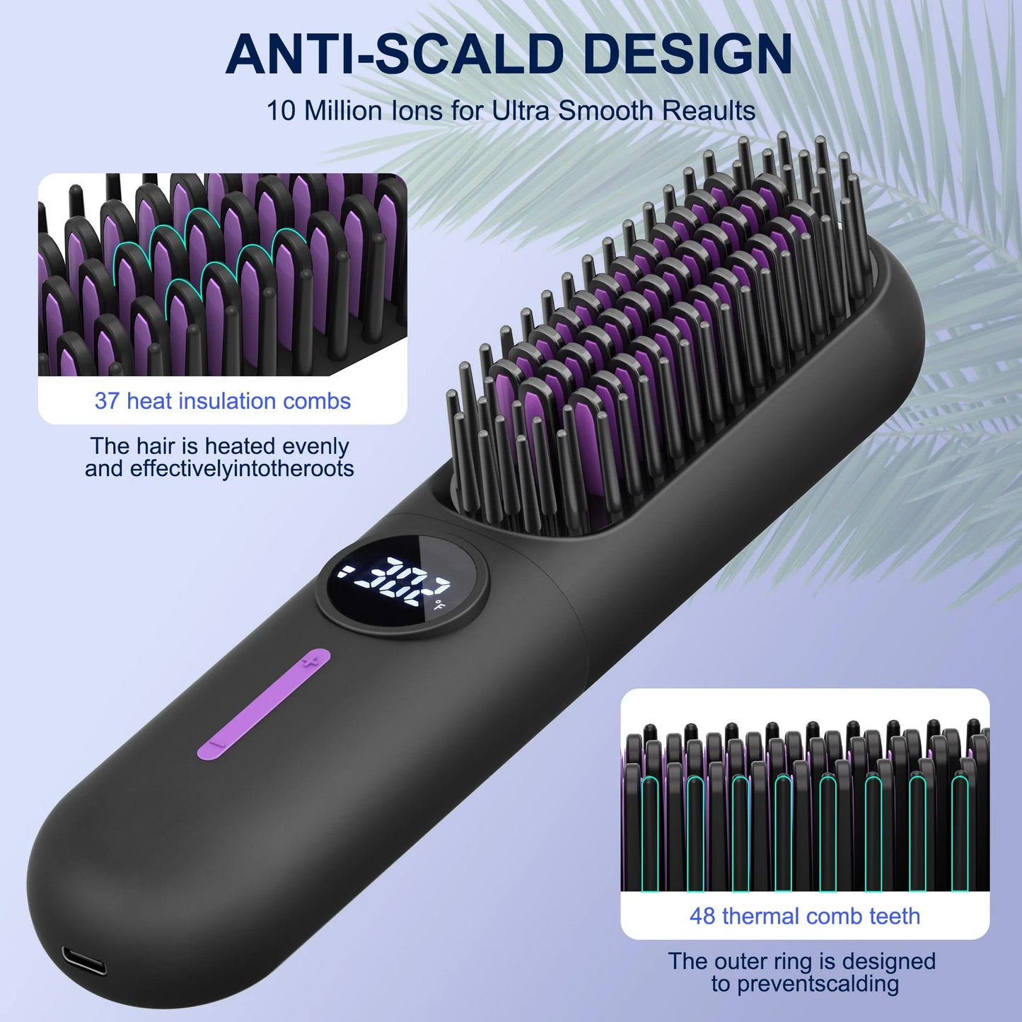 MOONORAH Cordless Hair Straightener Brush with Anion for Women, Electric Portable Ceramic Hot Straightening Comb for Travel with LCD Display & Hair Clips, Fast USB Rechargeable, Anti-Scald, Black