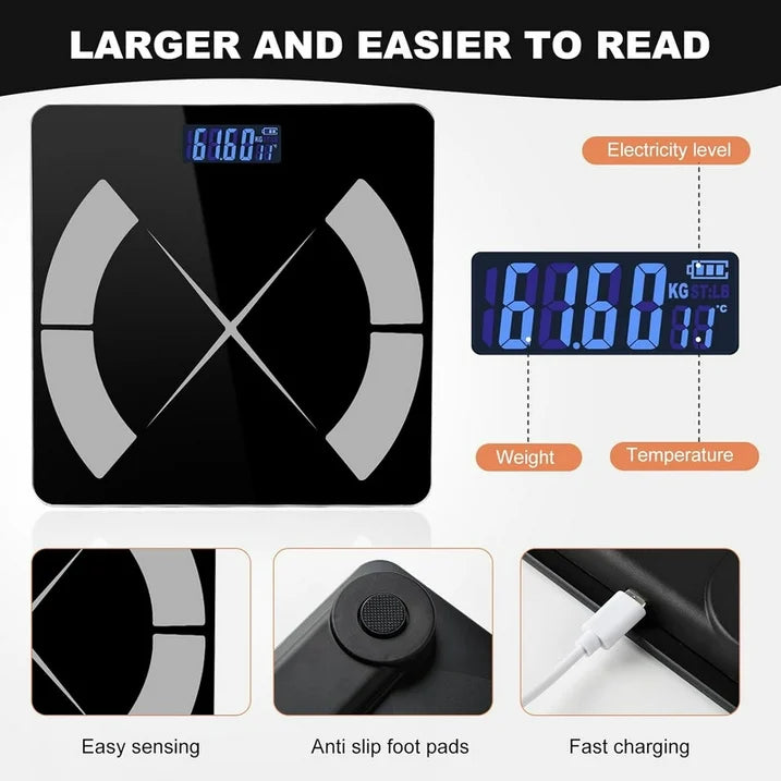 MOONORAH Scale for Body Weight and Body Fat, Smart Digital Bathroom Scale Body Composition Monitor for BMI Fat Muscle with App, High Precision Bluetooth Weight Scale Body Fat Scale, 400lb, Black
