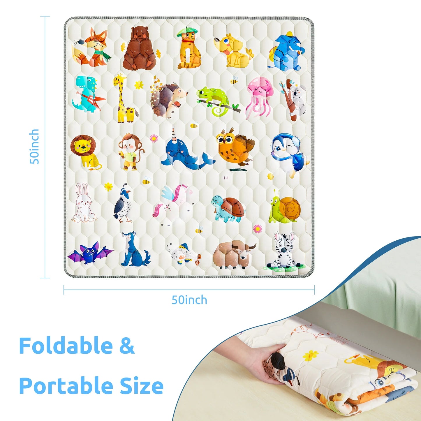 Baby Play Mat, 50" X 50" Tummy Time Mat with Soft Touch, Foldable Thick Activity Mat with Anti-Slip for Babies and Toddlers, Machine Washable Crawling Mat for Floor & Picnic - Animal