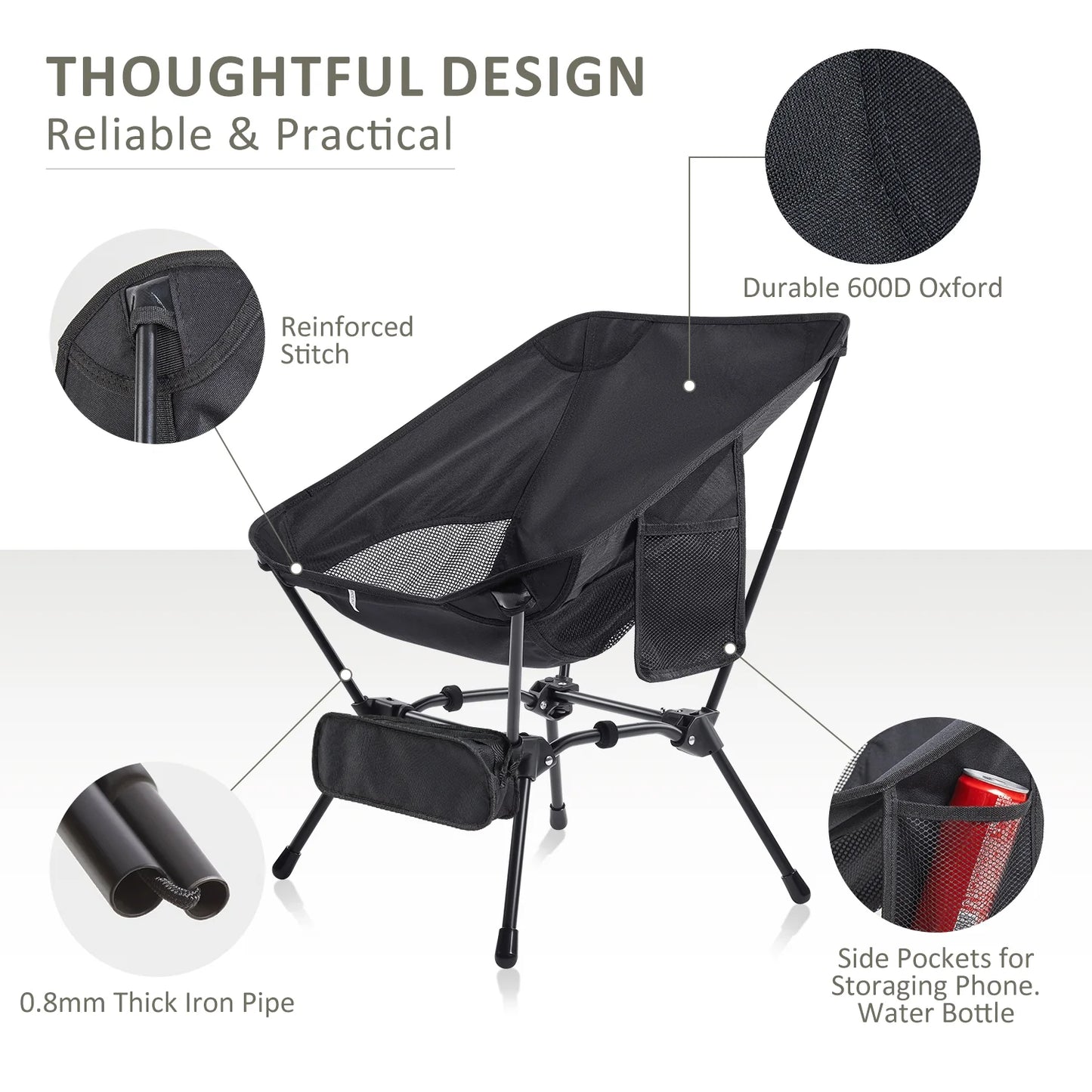 MOONORAH Camping Chair, Folding Portable Camping Chairs, Lightweight Compact Folding Chair Mesh for Outdoor Camp Travel Beach Picnic Festival Hikin with Side Pocket, Storage Bag, Black
