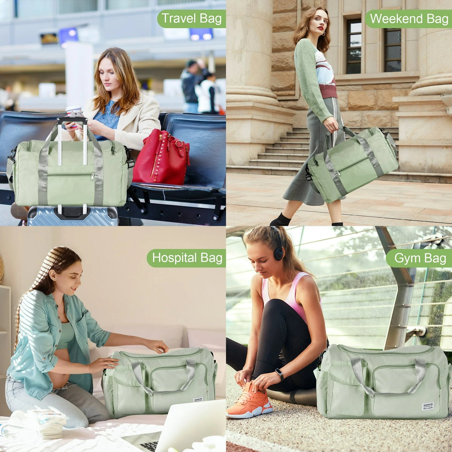Onekawa Gym Bag 35L for Men & Women -Travel Duffel Bag , Waterproof Sports Duffel Bag with Toiletry Bag, Foldable Travel Backpack for Camping, Yoga, Weekend Trips - Green