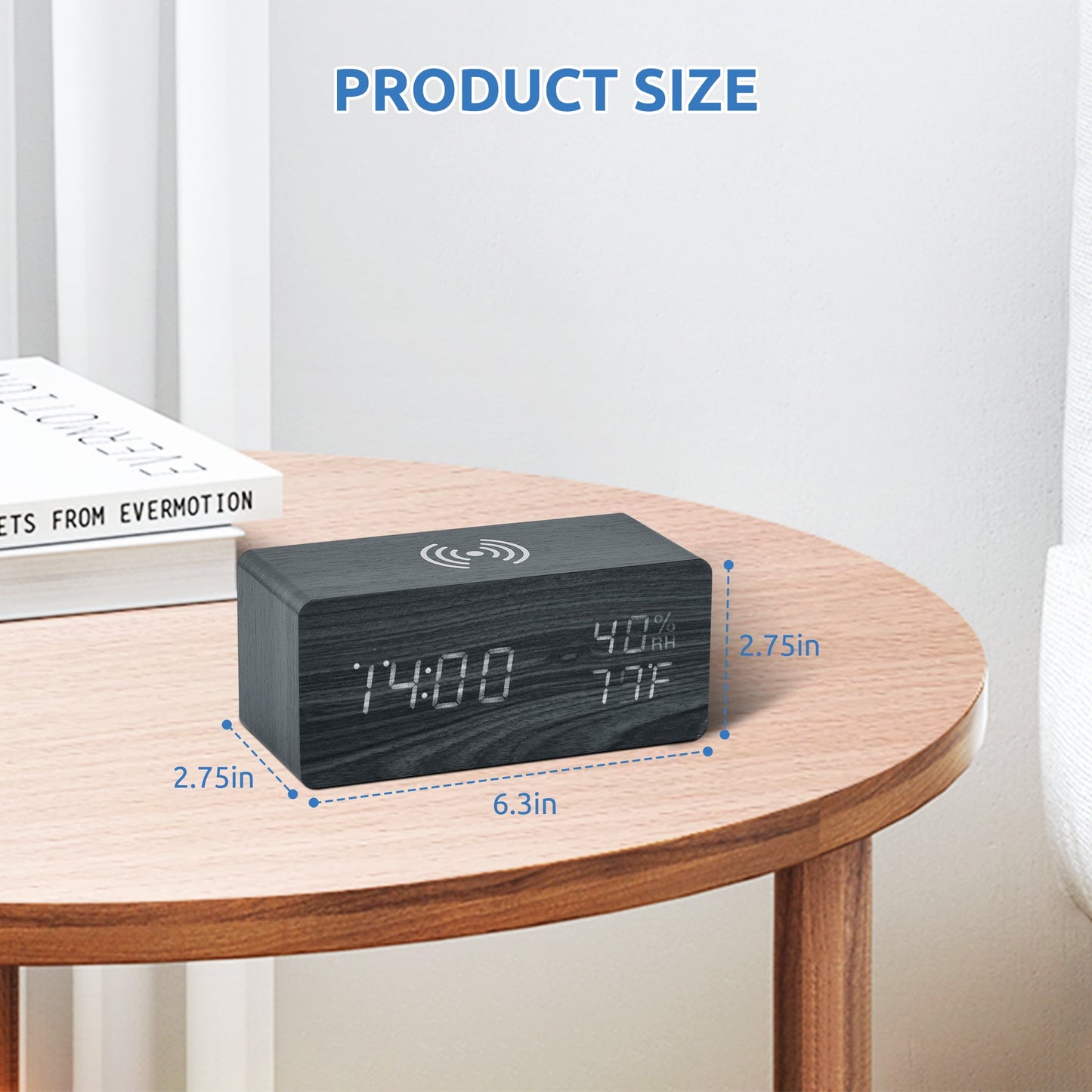 Onekawa Wooden Digital Alarm Clock with Wireless Charging Stylish LED Display for Bedrooms Adjustable Brightness and Voice Control Alarm Clock Perfect for Desks-Black