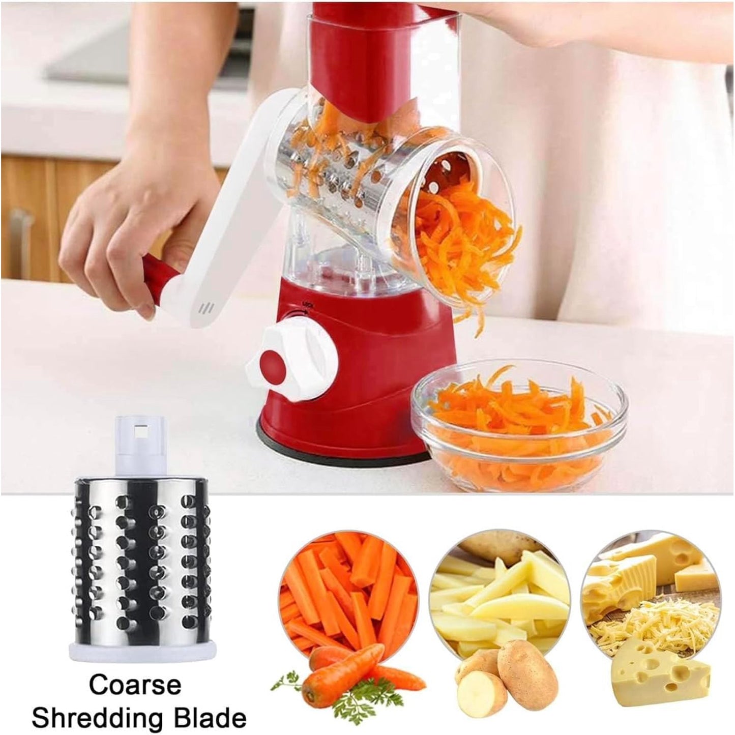 MOONORAH Rotary Cheese Grater with Handle Crank, Vegetable Shredder with Strong Suction Base and 3 Interchangeable Blades, Round Mandoline Slicer for Kitchen, Easy to Use and Clean, Red