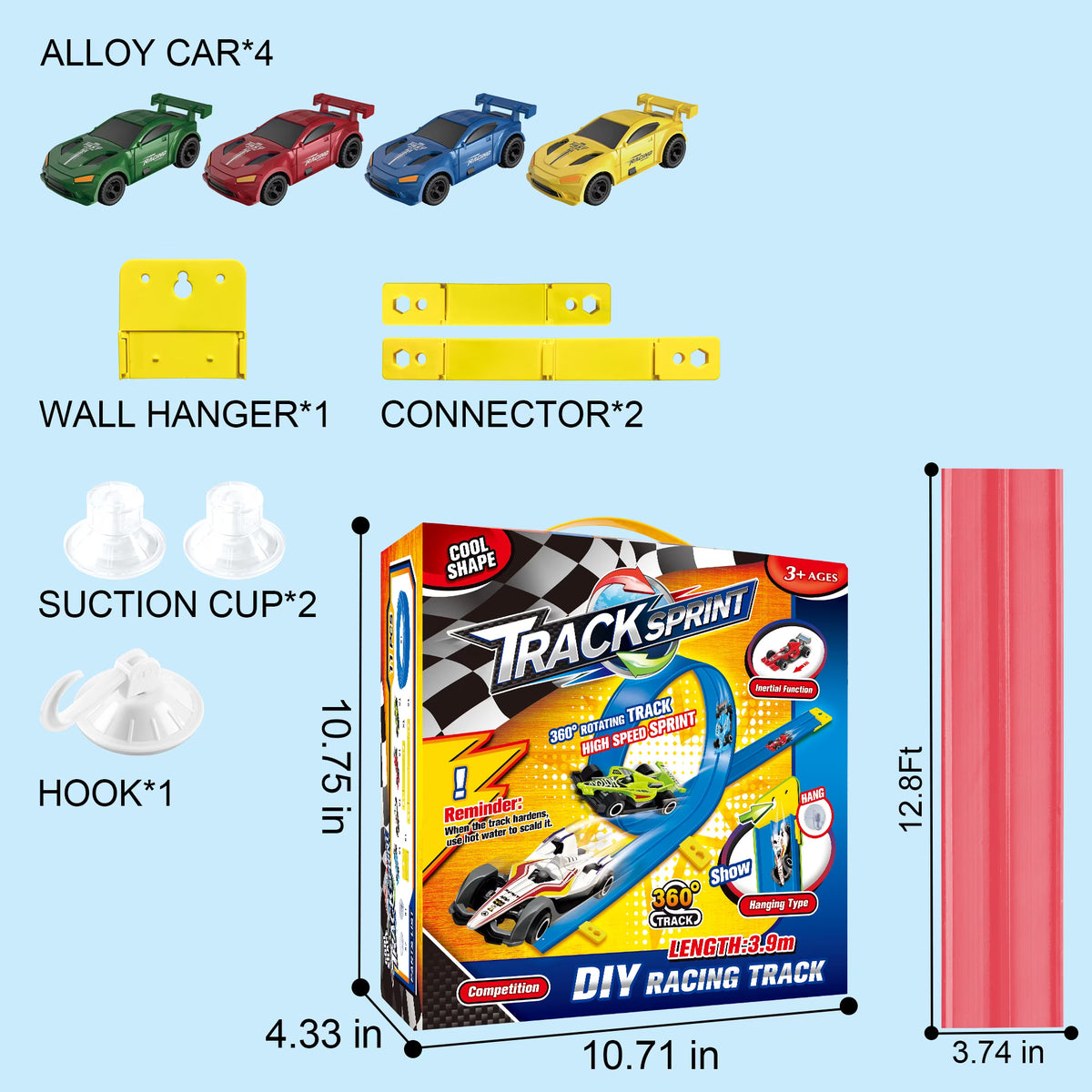 Kaipara Race Track Toy - 12.8 ft Flexible Track with 4 Pull Back Cars - Red