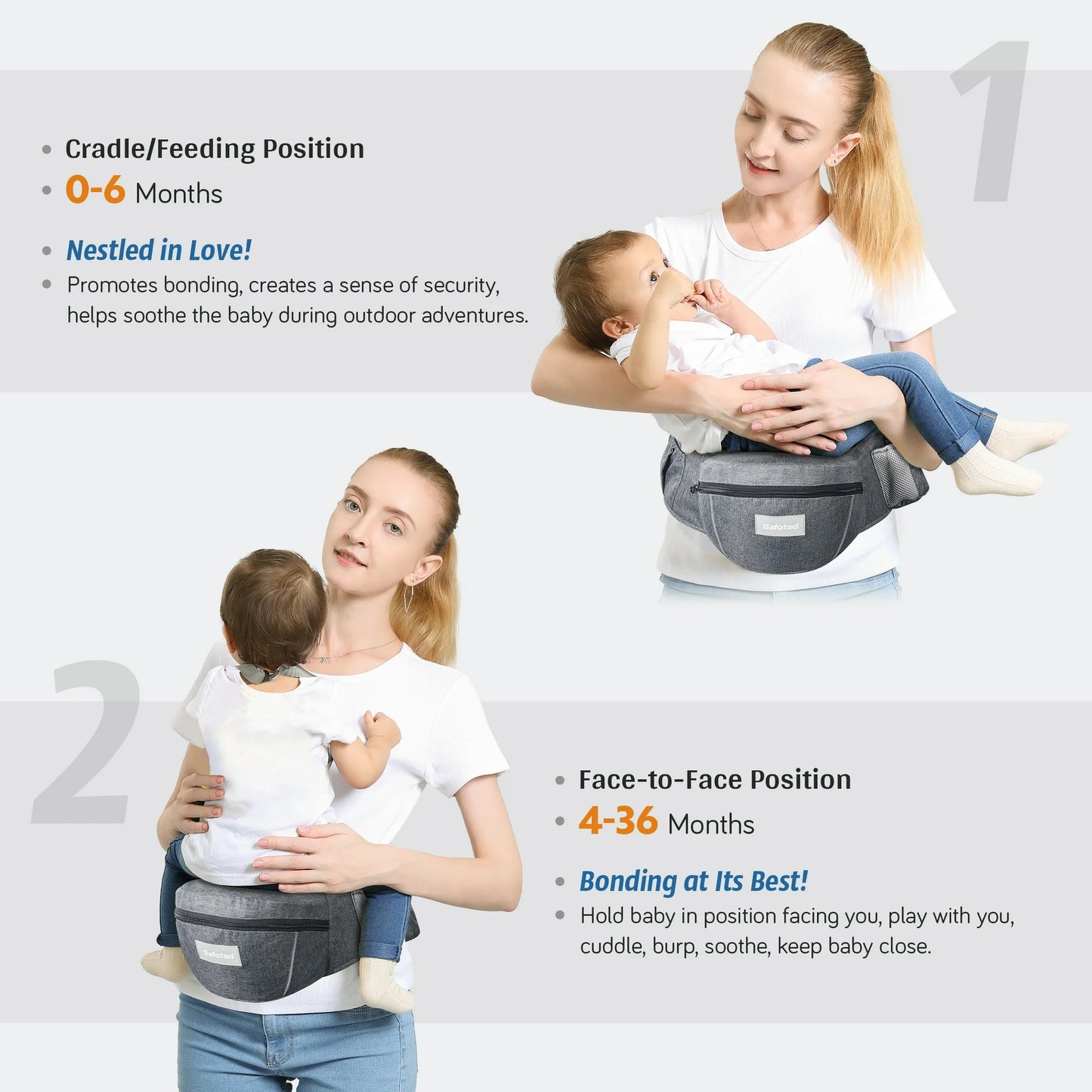 OTDLIGHT Baby Carrier with Hip Seat for Newborns & Toddlers, Ergonomic Front Carrier Baby Holder with Strong Support Adjustable Waistband & Multiple Large Pockets - Gray