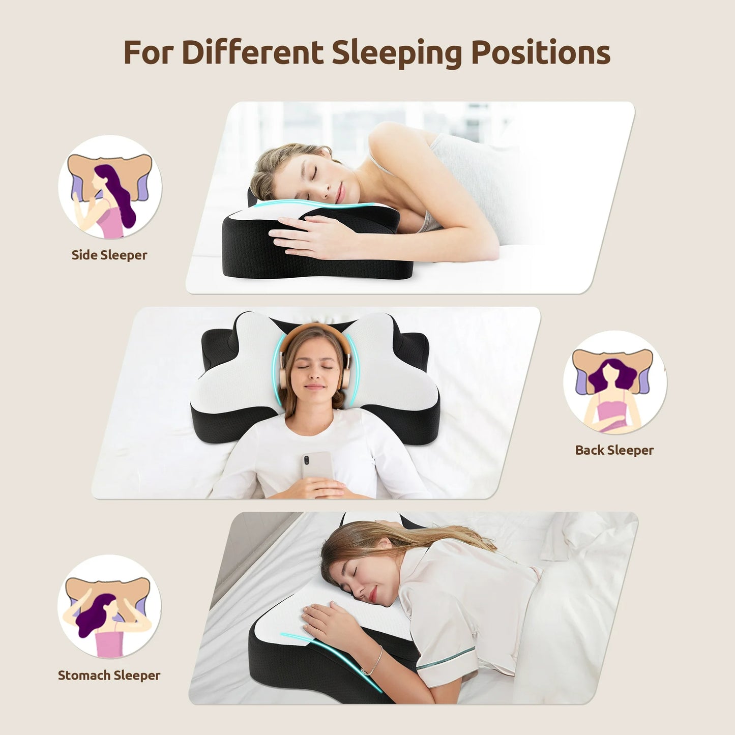 MOONORAH Cervical Pillow for Sleeping Neck Pain Relief with Pillowcase Standard/Queen Blue+Black