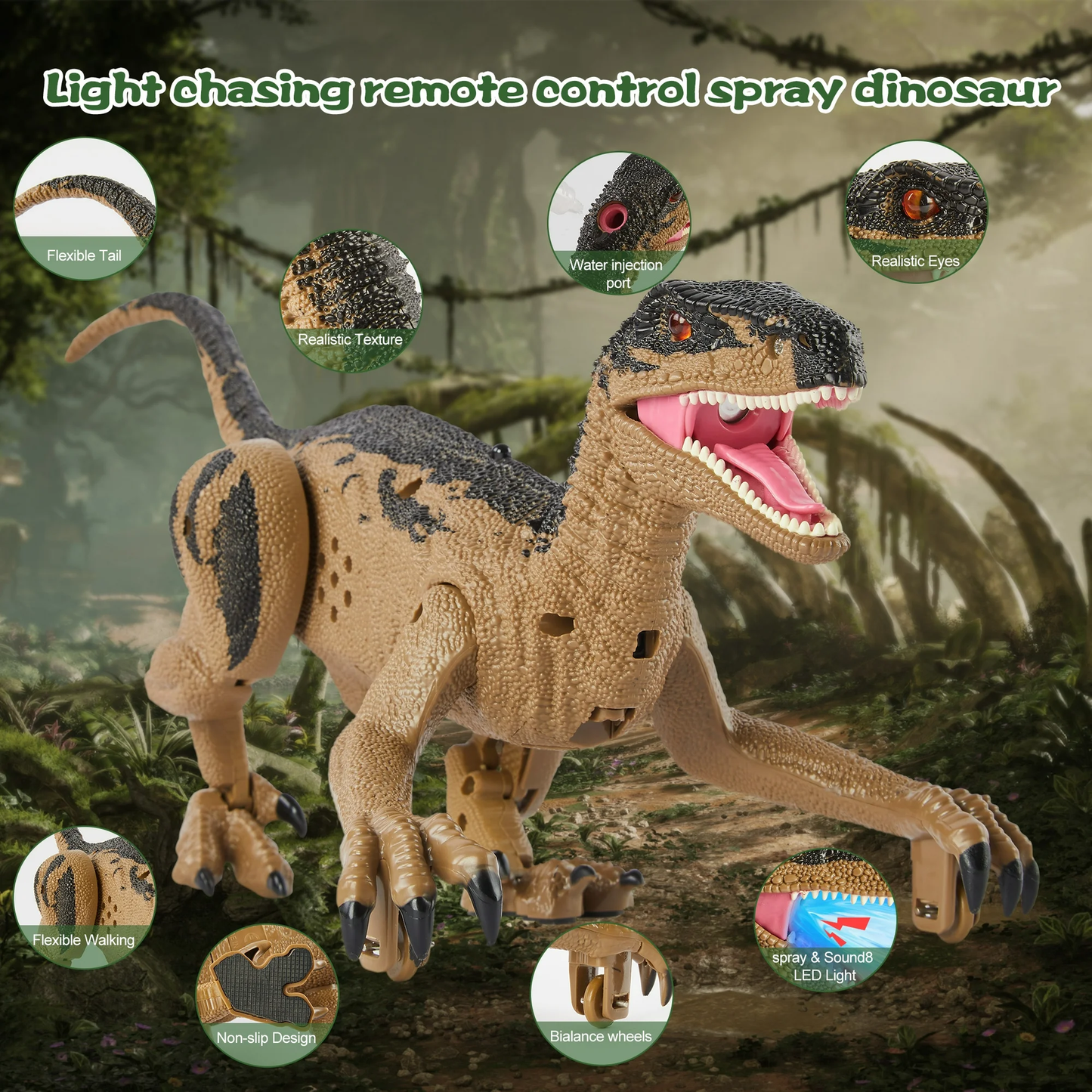 ENERFACE Light chasing remote control spray dinosaur,Lights Remote Control Dinosaur,for Boys Girls 3-8 Years Old,for Christmas Gift,Yellow