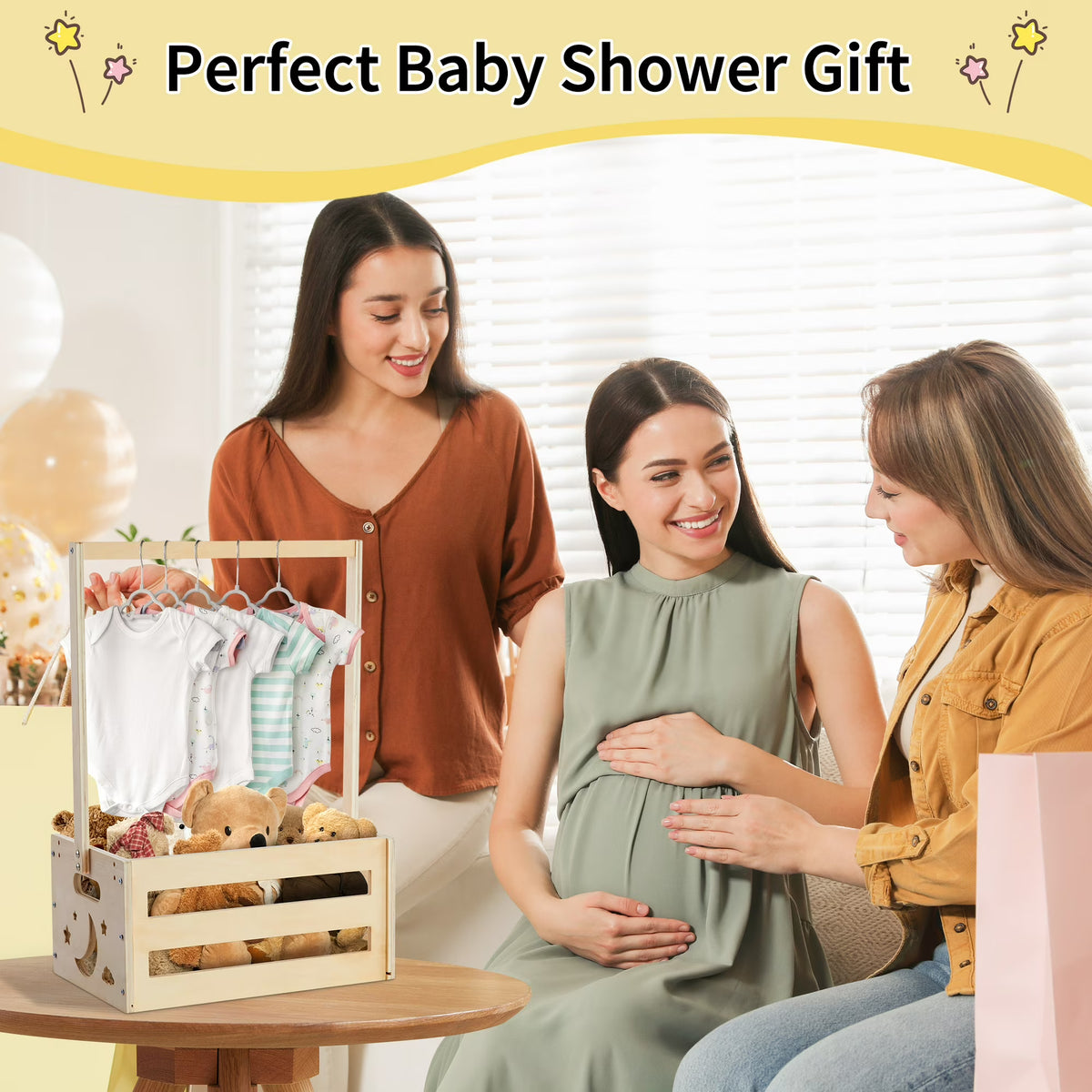 Onekawa Baby Shower Storage Crate - Wooden Freestanding Basket with Handle