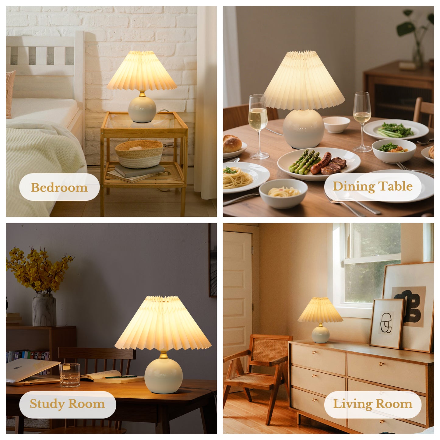 LOFTER-PRO Modern Ceramic Table Lamp for Living Room, Desk Lamps for Bedroom Pleated Fabric Bedside Nightstand Bedside Lamp Table Lamps, Beige