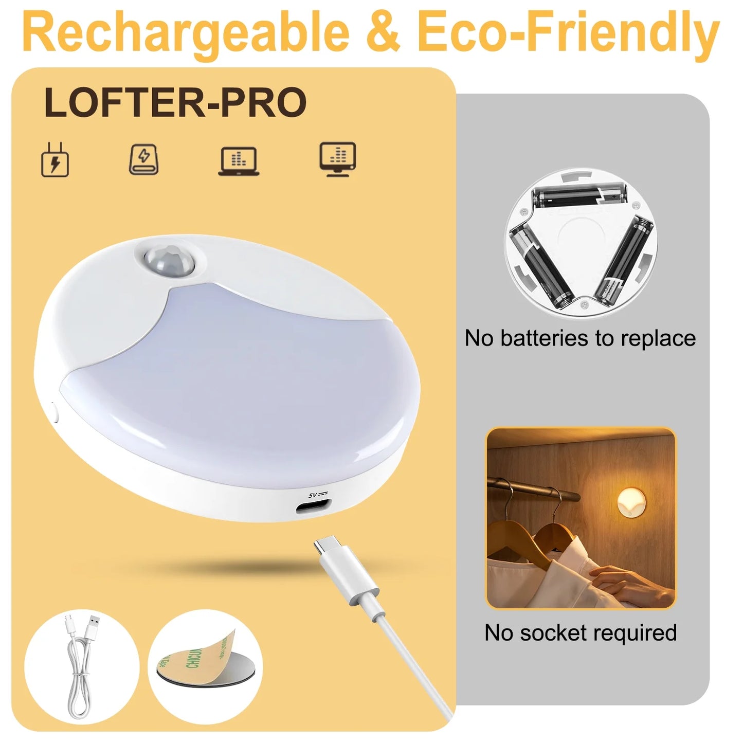 LOFTER-PRO Night Light, LED Motion Sensor Closet Lights, Wireless LED Under Cabinet Lights Stick-on Safe Night Light, Adjustable Brightness Warm White Lights for Bedroom, Kitchen, 2 Pack