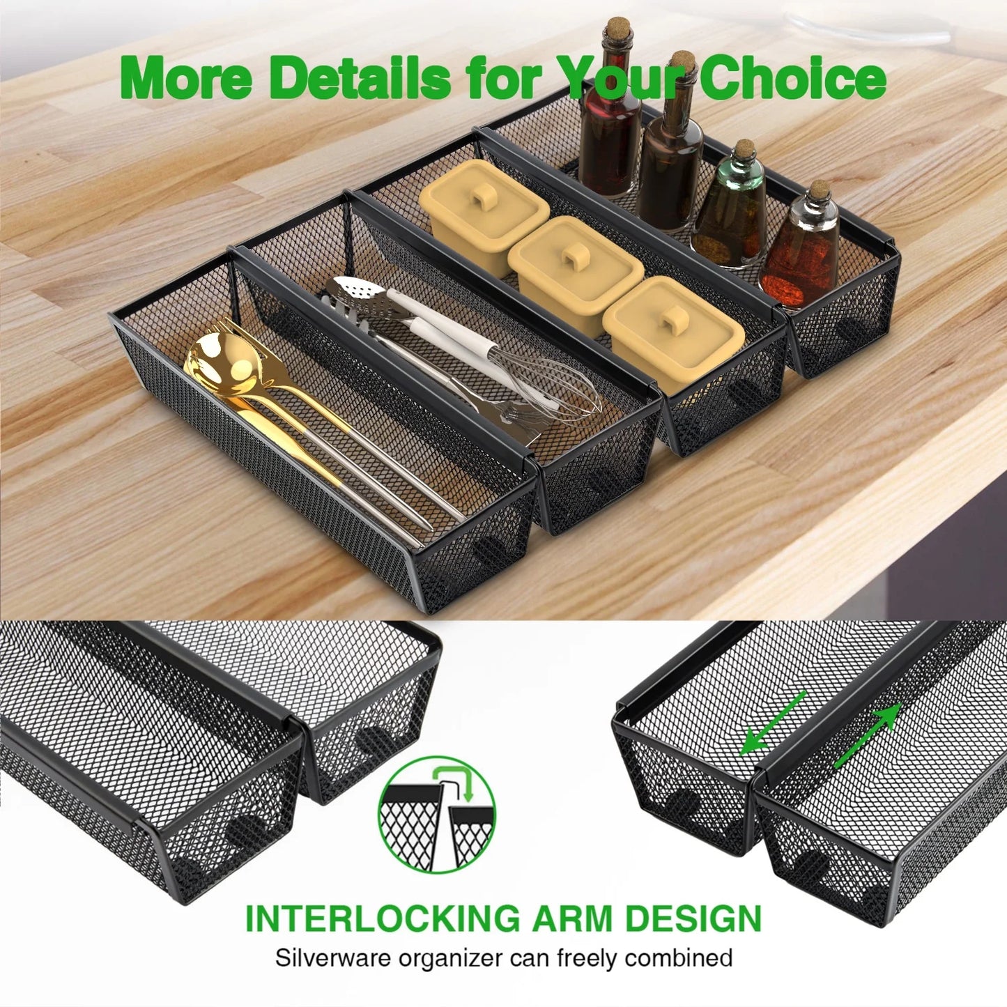 ZALFLEX Silverware Drawer Organizer for Kitchen, Utensil Mesh Drawer Organizer with Interlocking Arm for Flatware, Knives, Pen, Cosmetic, 6PC