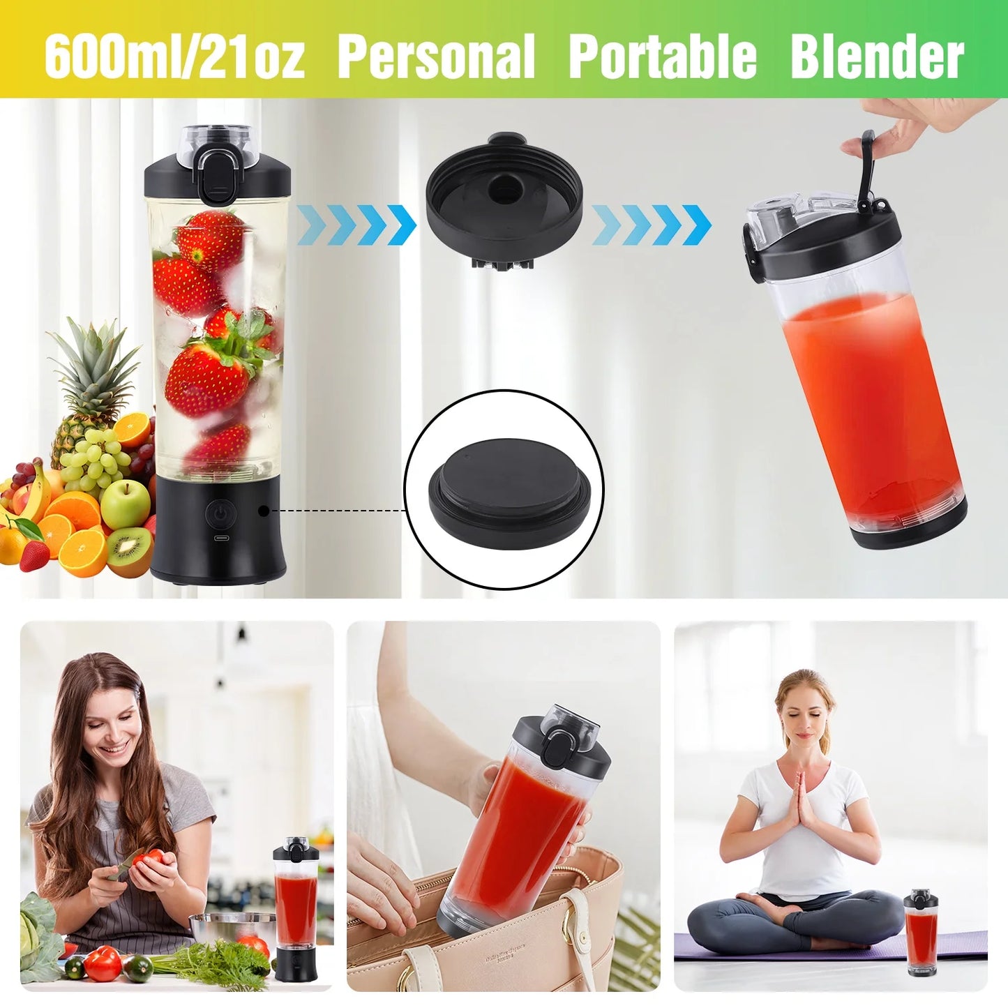 MOONORAH Portable Blender for Shakes and Smoothies, Personal Blender for Shakes with 21 Oz Travel Cup, Mini Personal Size Blender with 10 Blades and USB Rechargeable for Gym, Home and Outdoors, Black