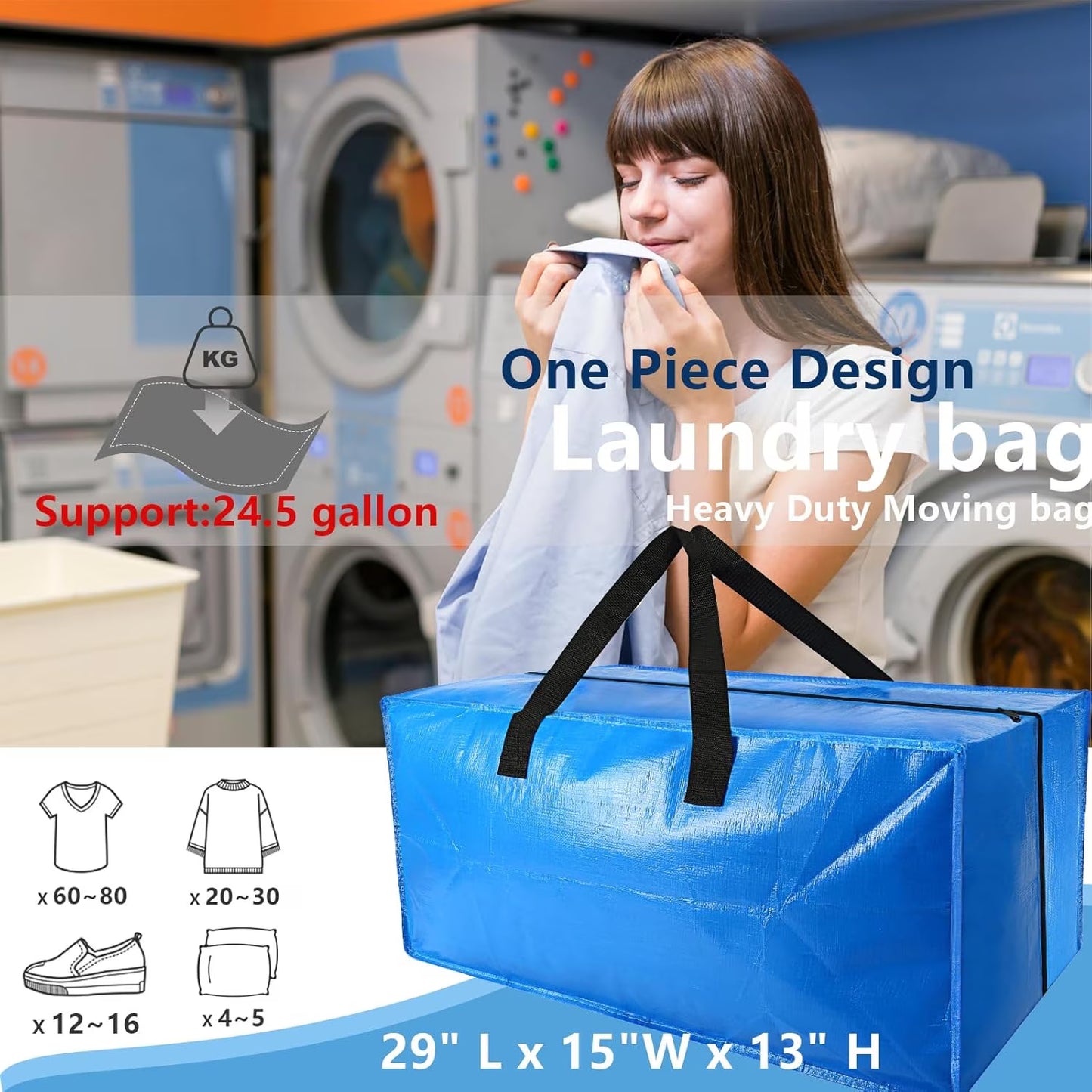 Onekawa 4 Pack Extra Large Moving Bags with Zippers & Carrying Handles,Storage Totes For Space Saving,Alternative to Moving Boxes,Blue