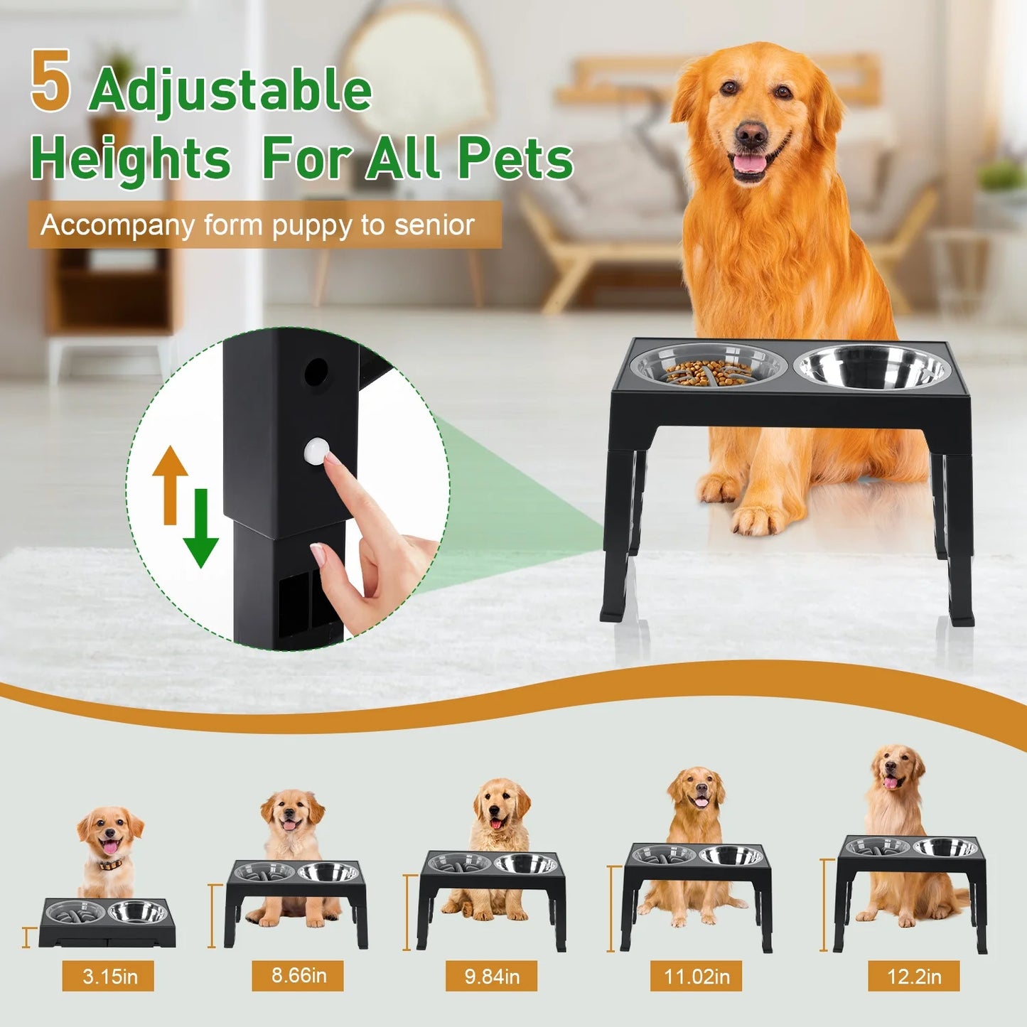 MOONORAH Elevated Dog Bowls, 2 in 1 Adjustable Raised Dog Bowl Stand with Stainless Steel Dogs Food Bowl & Slow Feeder Dog Bowls, 5 Heights for Small Medium Large Dogs Pets with Non-Slip Feet