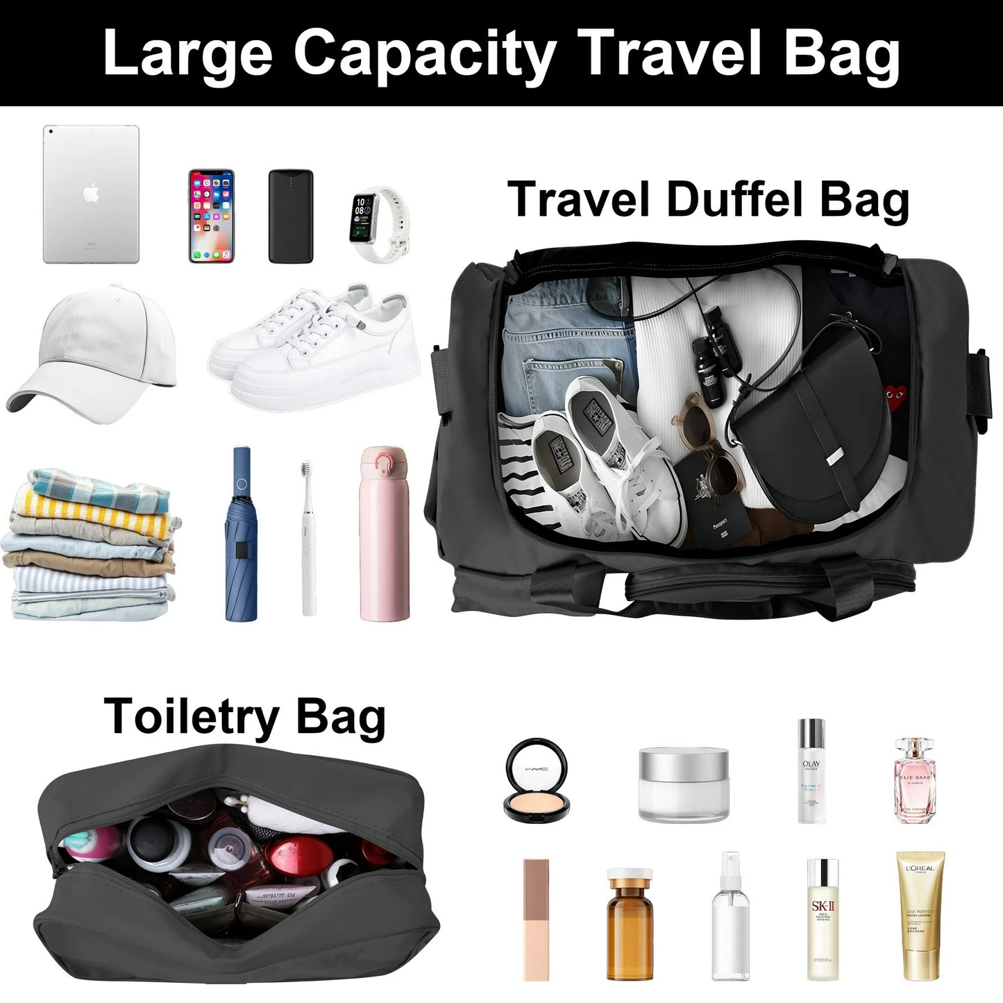 Onekawa Gym Bag 35L for Men & Women -Travel Duffel Bag , Waterproof Sports Duffel Bag with Toiletry Bag, Foldable Travel Backpack for Camping, Yoga, Weekend Trips - Black