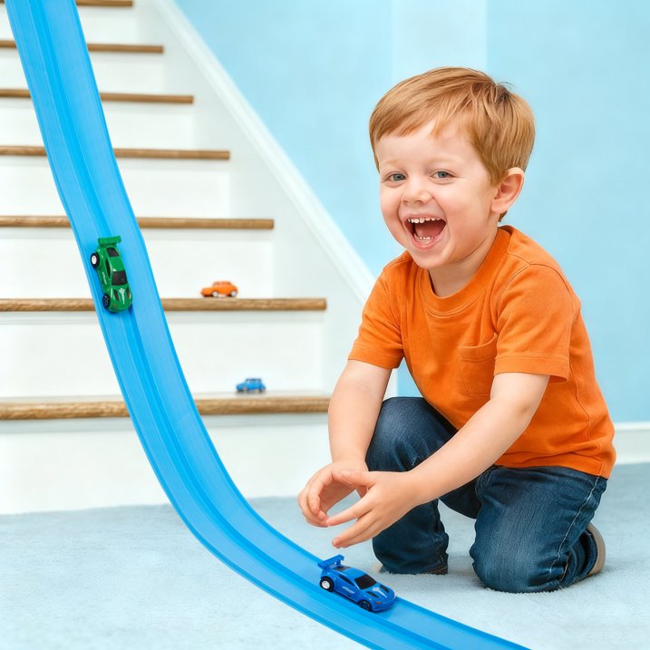 Kaipara Race Track Toy - Flexible Track with 4 Pull-Back Cars - Blue